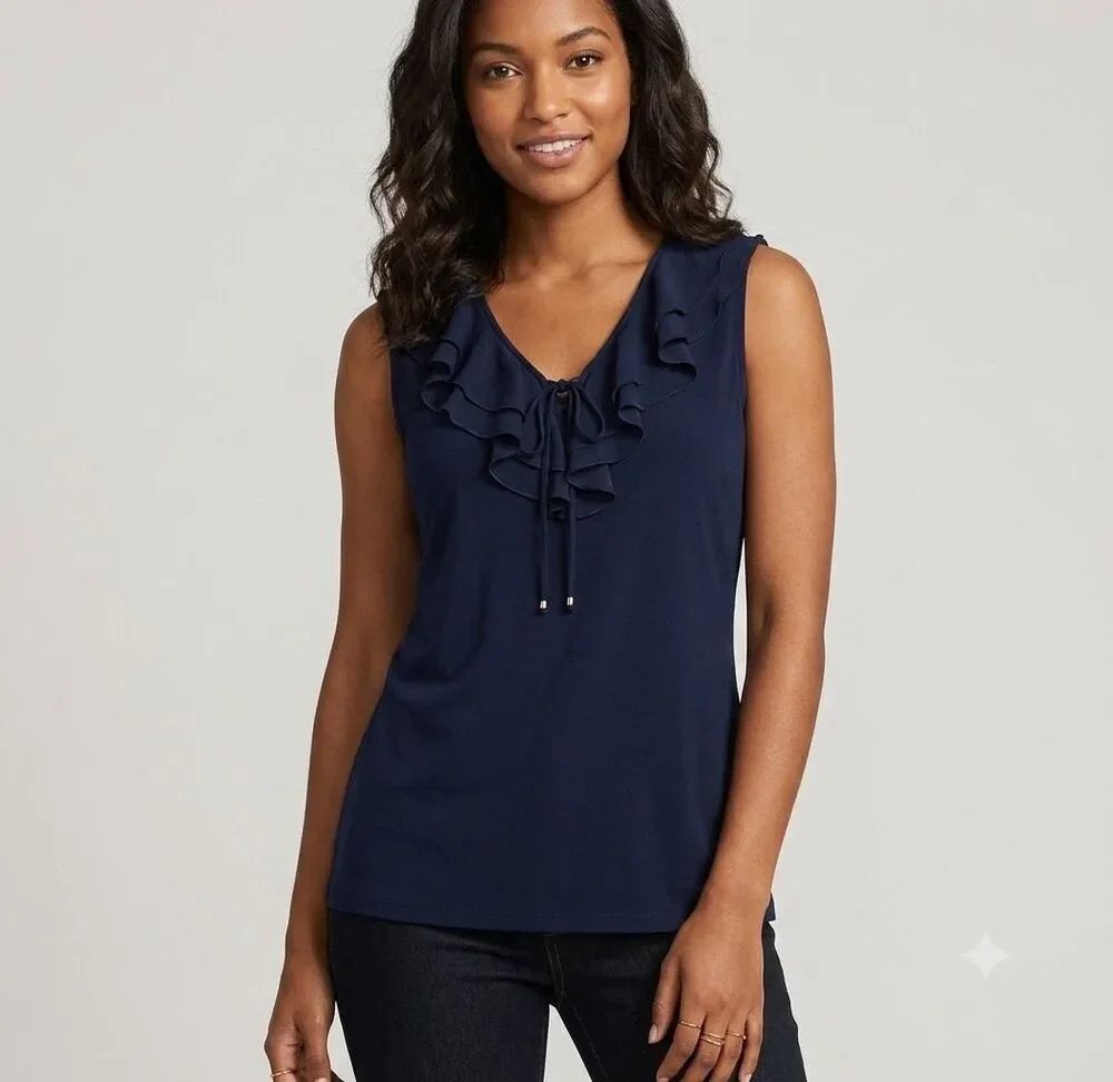 Chaps size 2X ruffled neckline lace up front 100% cotton knit tank top